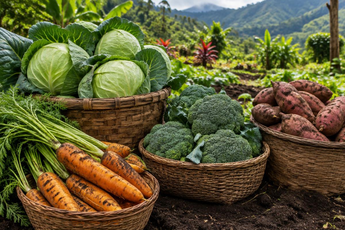 Freshly harvested highland vegetables in woven baskets