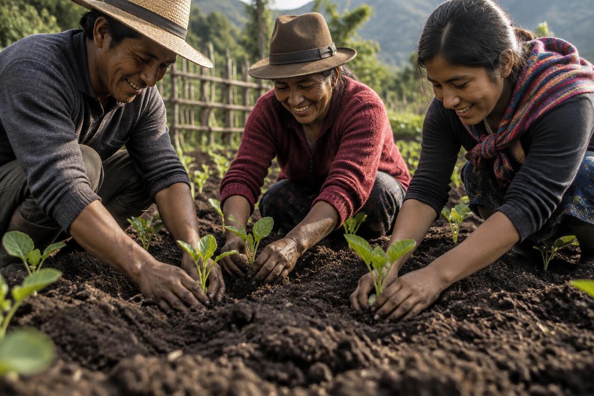 Family members planting seedlings together