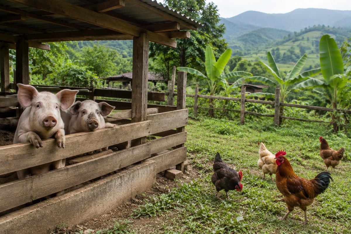 Village pig pen and free-range poultry on a highland farm